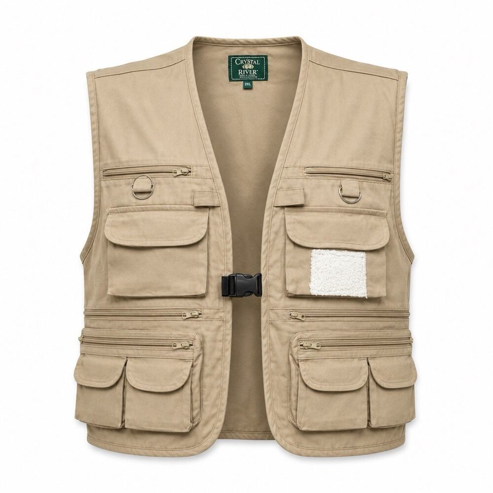 Crystal River 2XL Fly Fishing Utility Vest Tan 17 Pocket Cotton NWT